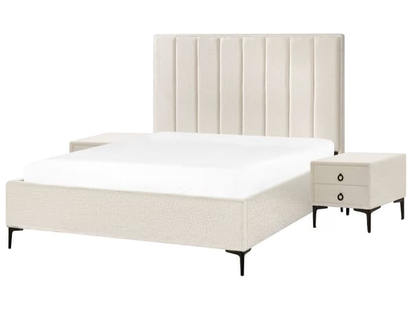 Sovrumsset Off-White Bouclé Stoppad Dubbelsäng med Förvaring 160 x 200 cm 2 Sängbord