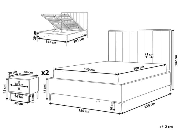 Sovrumsset Off-White Bouclé Stoppad Dubbelsäng med Förvaring 140 x 200 cm 2 Sängbord