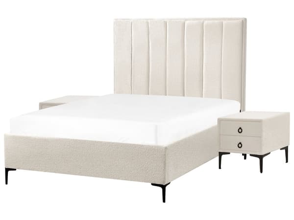 Sovrumsset Off-White Bouclé Stoppad Dubbelsäng med Förvaring 140 x 200 cm 2 Sängbord