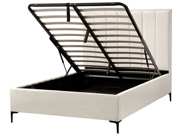 Sovrumsset Off-White Bouclé Stoppad Dubbelsäng med Förvaring 140 x 200 cm 2 Sängbord