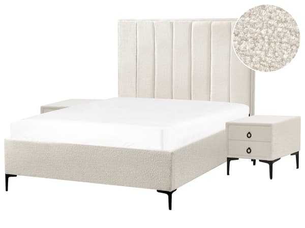 Sovrumsset Off-White Bouclé Stoppad Dubbelsäng med Förvaring 140 x 200 cm 2 Sängbord