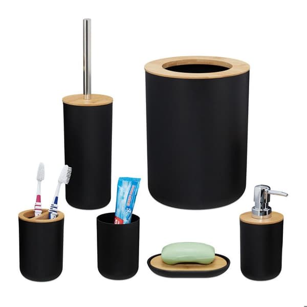 Relaxdays badtillbehör, set om 6, i plast och bambu, komplett set, svart