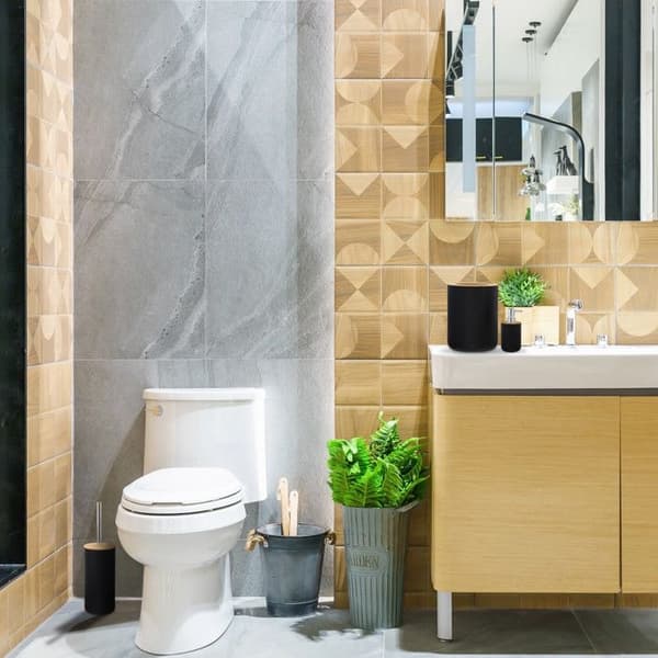 Relaxdays badrumsaccessoarer, set om 6, i plast och bambu, komplett set, vit