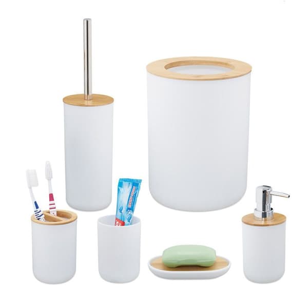 Relaxdays badrumsaccessoarer, set om 6, i plast och bambu, komplett set, vit
