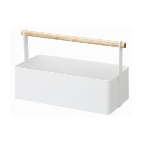Vit metall förvaringskorg med trähandtag - L29 cm