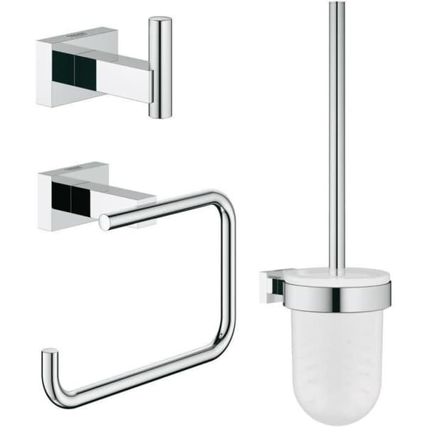 GROHE Essentials Cube 3-i-1 badrumstillbehörsset 40757001 - Väggkrok - Borste - Toalettpappershållare - Krom