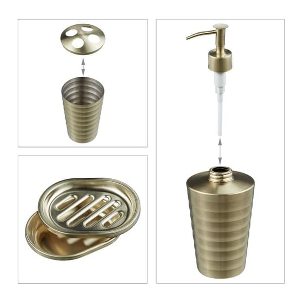 Relaxdays Badaccessoarer, 4 delar, i rostfritt stål, tvålpump, tvålbehållare, muggar, guld