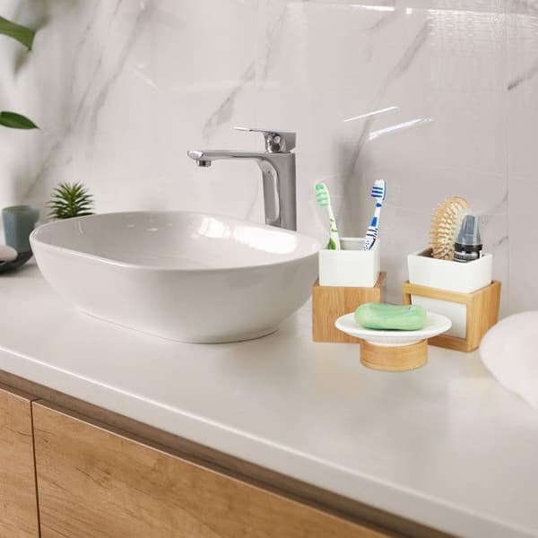 Relaxdays Bamboo Keramiska Badrumstillbehör 4-delad tvålautomat Tandborstglas, Naturvit