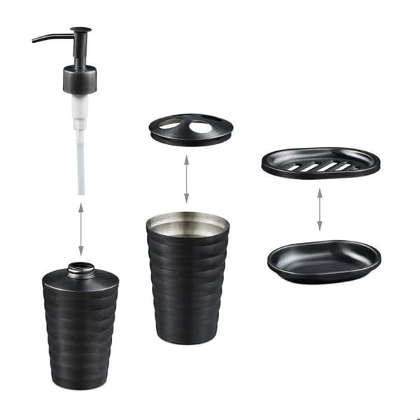 Relaxdays Badrumsaccessoarer, 4 delar, rostfritt stål, tvålbehållare, tvåldispenser, muggar, antracit