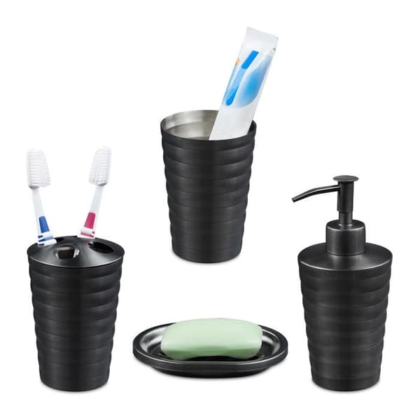 Relaxdays Badrumsaccessoarer, 4 delar, rostfritt stål, tvålbehållare, tvåldispenser, muggar, antracit