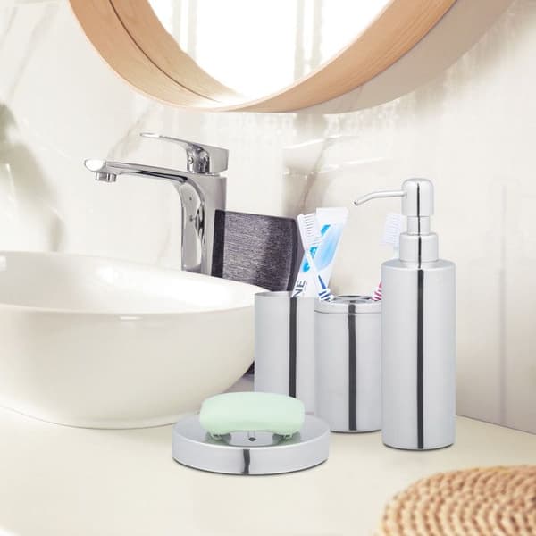 Relaxdays badrumsaccessoarer, 4 delar, i polerat rostfritt stål och plast, modern och harmonisk design, silverfärgad