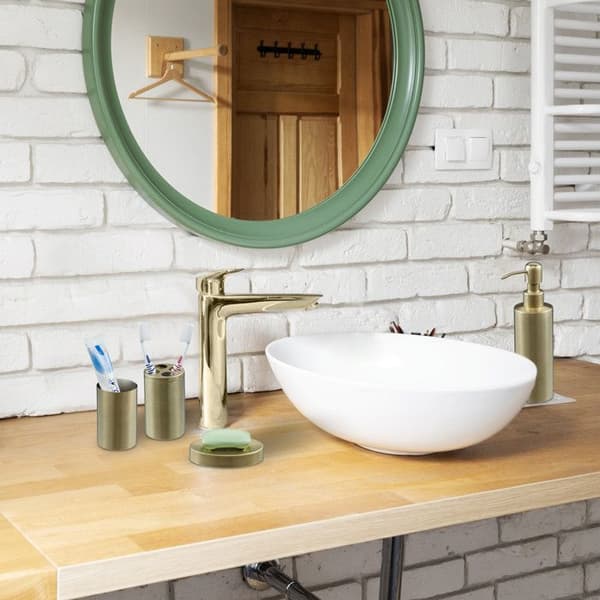 Relaxdays badrumstillbehör, 4 delar, i borstad rostfritt stål och plast, modern och harmonisk design, guld.