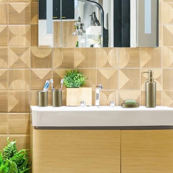 Relaxdays badrumstillbehör, 4 delar, i borstad rostfritt stål och plast, modern och harmonisk design, guld.