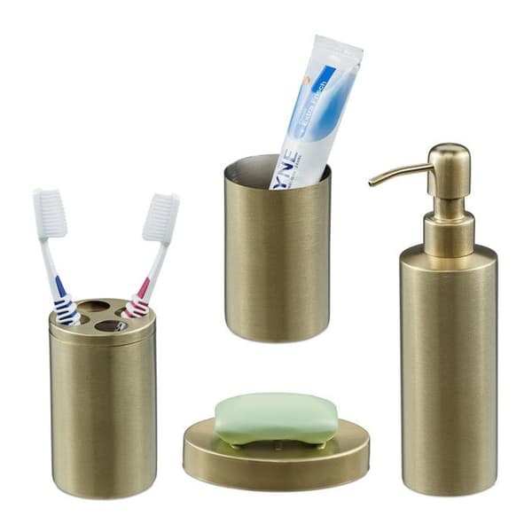 Relaxdays badrumstillbehör, 4 delar, i borstad rostfritt stål och plast, modern och harmonisk design, guld.