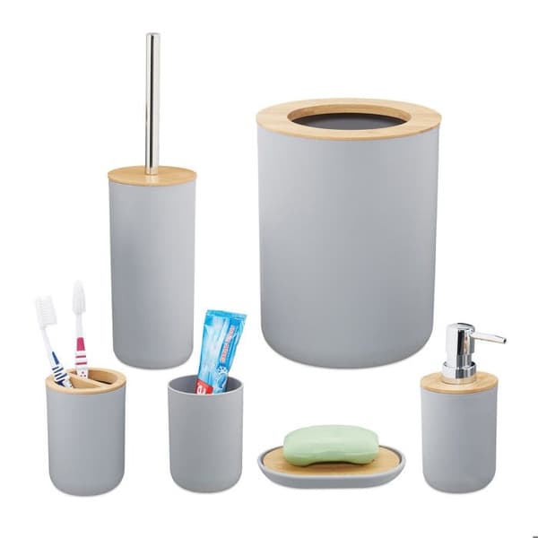 Relaxdays badrumstillbehör, set med 6, i plast och bambu, komplett set, grå