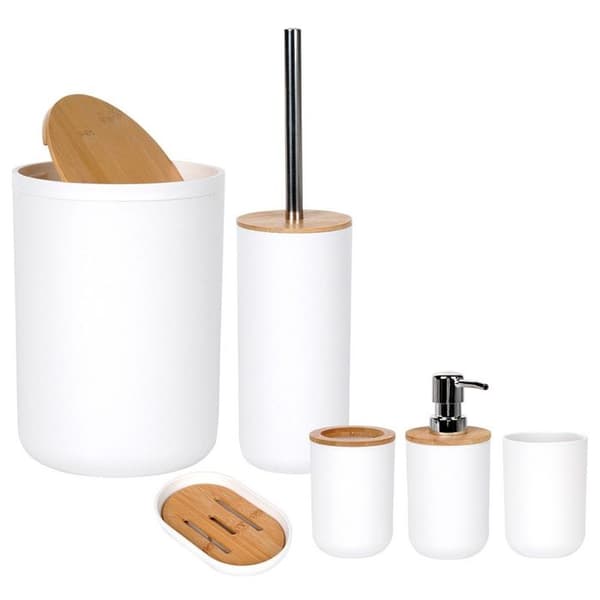 Badrumsaccessoarer - Vilde - 6 delar - Vit plast - Bambu - Modern design