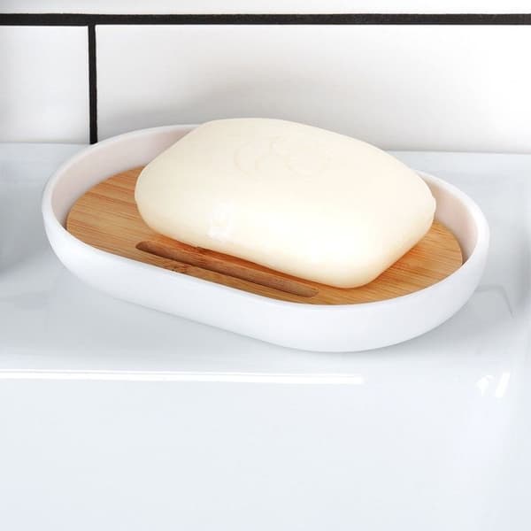 Badrumsaccessoarer - Vilde - 6 delar - Vit plast - Bambu - Modern design