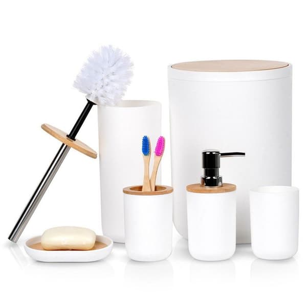 Badrumsaccessoarer - Vilde - 6 delar - Vit plast - Bambu - Modern design