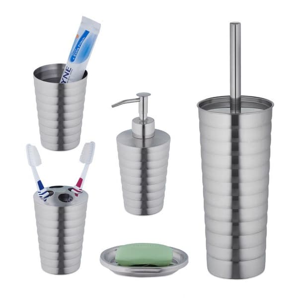 Relaxdays badrumstillbehör, 5 delar, i polerat rostfritt stål och plast, modern och harmonisk design, silverfärgad