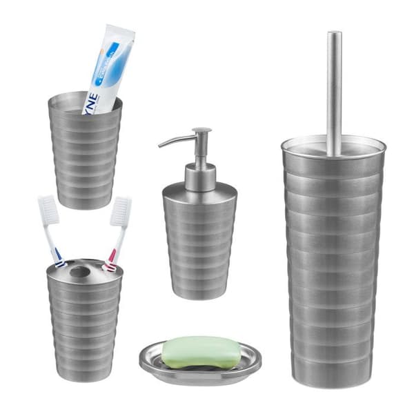 Relaxdays badrumstillbehör, 5 delar, i borstat rostfritt stål och plast, modern och harmonisk design, silverfärgad