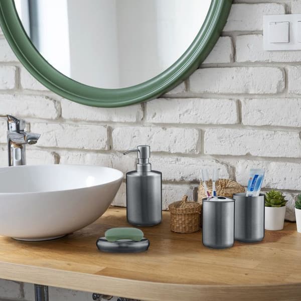 Relaxdays badrumstillbehör, 5 delar, i borstat rostfritt stål och plast, modern och harmonisk design, silverfärgad