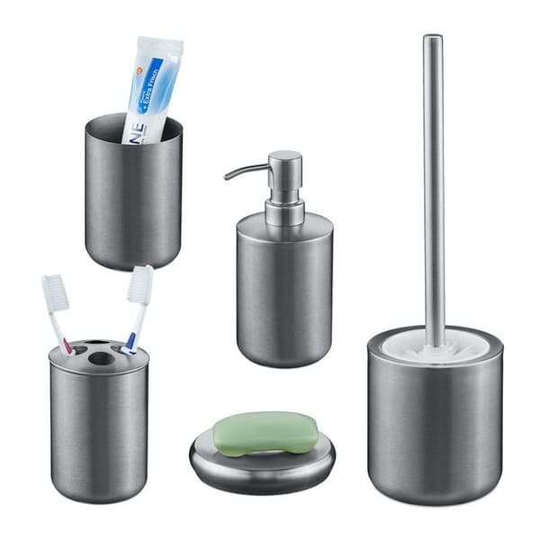 Relaxdays badrumstillbehör, 5 delar, i borstat rostfritt stål och plast, modern och harmonisk design, silverfärgad