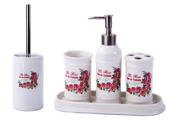 Gmmh - Rosen - Country Badset Vintage Roses Badrumstillbehörsset Tvålautomat Keramisk toalettborste