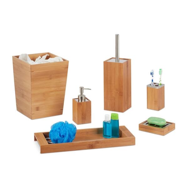 Relaxdays Set badrum, 6 delar, bambu, dispenser, tvålpump, toalettborste, tandborsthållare, ställning, soptunna