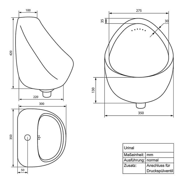 ECD Germany Urinalfoder från toppvit, högkvalitativ keramik prickinklind, modern design pissoir, 35x42x30cm, rund, skölj kanten stängd, flöde bakåt