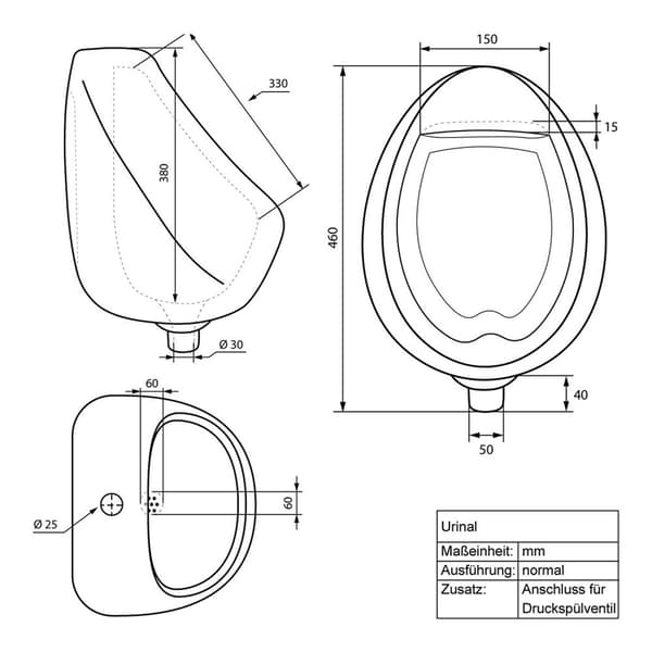 ECD Germany Urinalfoder från toppvit, högkvalitativ keramik prickinklind, modern design pissoir, 35x42x30cm, rund, skölj kanten stängd, flöde bakåt
