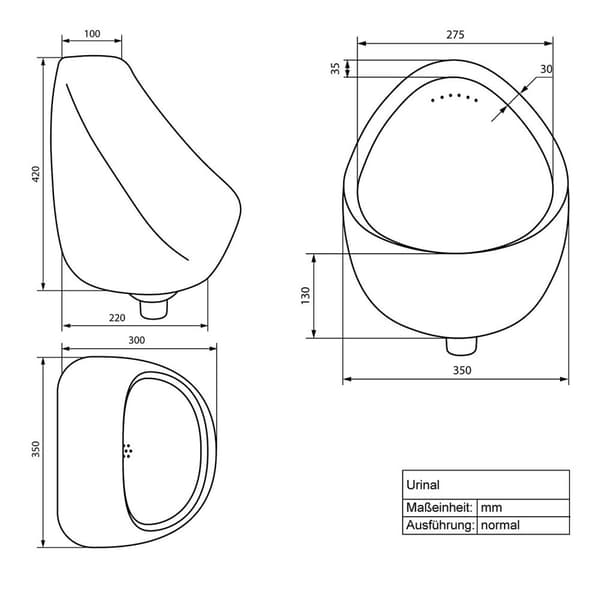 ECD Germany Urinal Feed bagfra hvid, høj kvalitet keramisk pinkinkline, moderne design pissoir, 35x42x30 cm, rund, skylle kant lukket, flyder baglæns