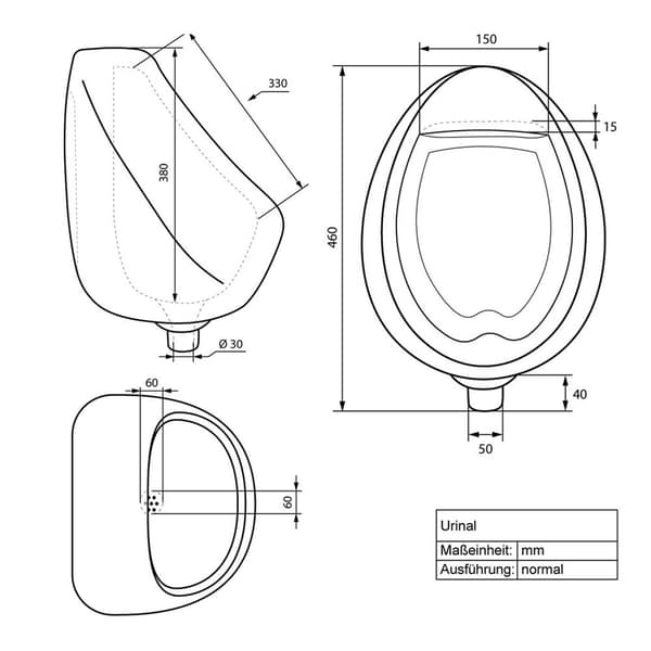 ECD Germany Urinal Feed bagfra hvid, høj kvalitet keramisk pinkinkline, moderne design pissoir, 35x42x30 cm, rund, skylle kant lukket, flyder baglæns