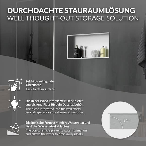 Suihkutarjotin 60x30 cm hopea ruostumaton teräs seinänurkkaus Suihkutarjotin LuxeBath