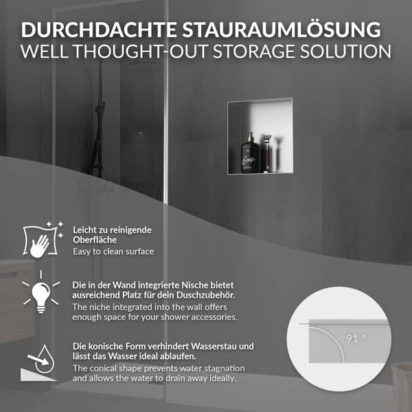 Suihkutarjotin 30x30 cm hopea ruostumaton teräs uppokehys Seinänurkkaus Suihkutarjotin LuxeBath
