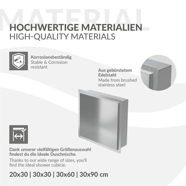Suihkutarjotin 30x30 cm hopea ruostumaton teräs uppokehys Seinänurkkaus Suihkutarjotin LuxeBath