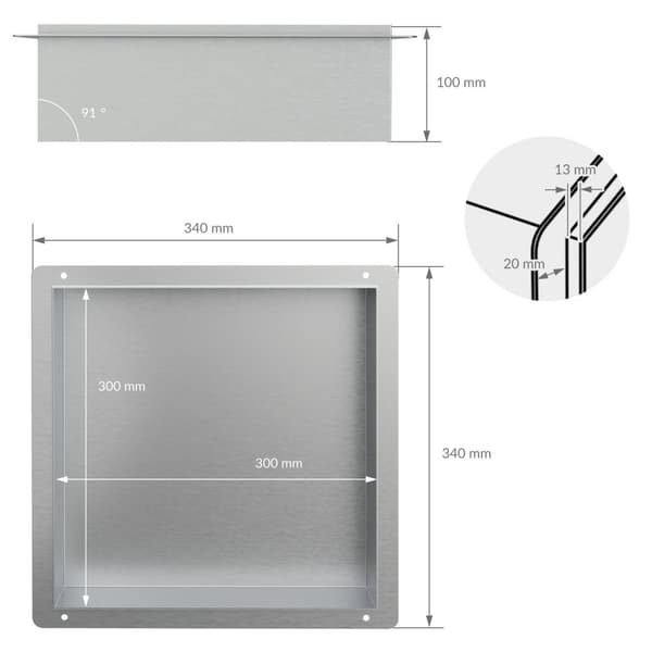 Suihkutarjotin 30x30 cm hopea ruostumaton teräs uppokehys Seinänurkkaus Suihkutarjotin LuxeBath