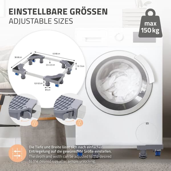 Vaskemaskineunderstel bevægeligt 43-66 cm bredde grå/sølv metal