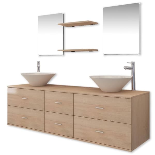 vidaXL 9 Stk Baderomsmøbelsett med Servant med Kran Beige