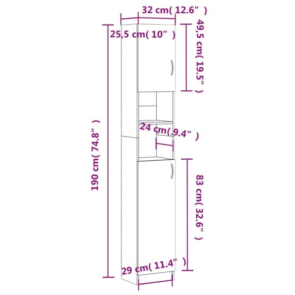 vidaXL Badrumsskåp vit högglans 32x25,5x190 cm spånskiva
