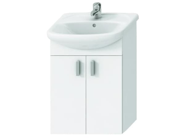 Csslr Plus hvid vaskeskab med to døre samt vask med hanehul & overløb i dimension 53x42 cm. Mål på møbel: H70,8 x B50,2 x D29,2 cm.