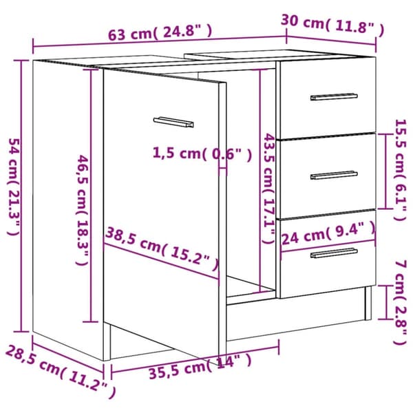 vidaXL underskab til håndvask 63x30x54 cm konstrueret træ hvid
