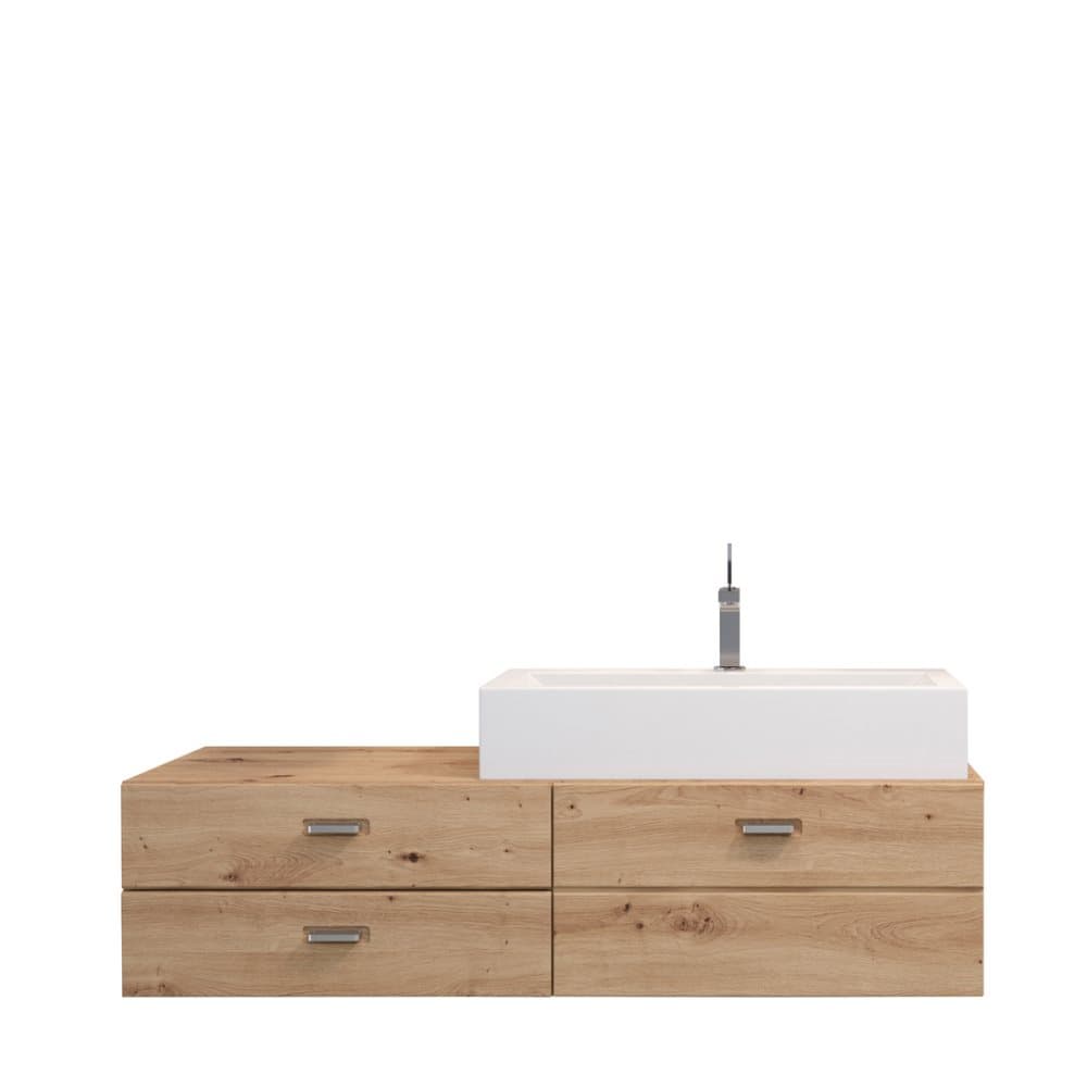 Geo tvättskåp 2 lådor, 1 klaff, tvättställ ekmönstrad, mineralgjuten bordsskiva, vitt tvättställ.