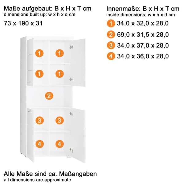 AmandaMandoBea badrumsskåp högskåp 1 öppet hyllplan, 4 dörrar vit, vit högglans.