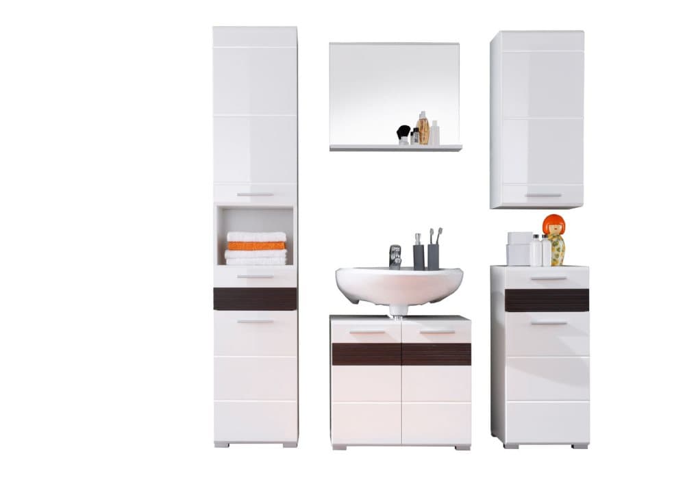 Mezzo badrumsmöbler med spegel vit, vit högglans, melinga mörk ekmönstrad.