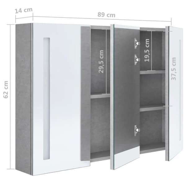 LED kylpyhuoneen peilikaappi betoninharmaa 89x14x62 cm