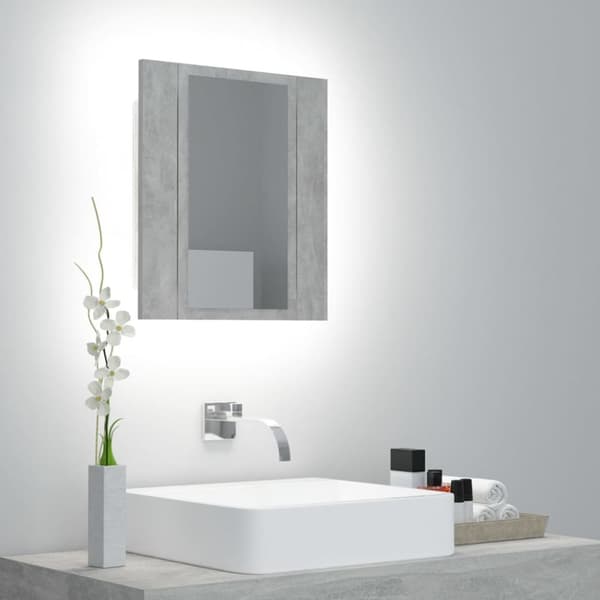 badeværelsesskab m. spejl og LED-lys 40x12x45 cm akryl betongrå