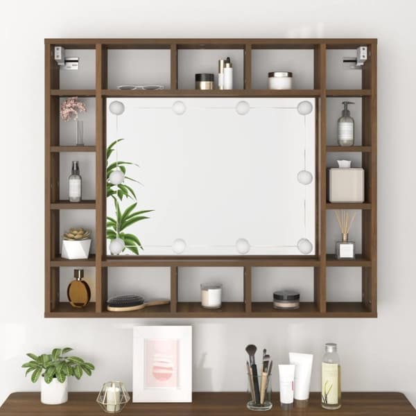 spejlskab med LED-lys 91x15x76,5 cm brun egetræsfarve
