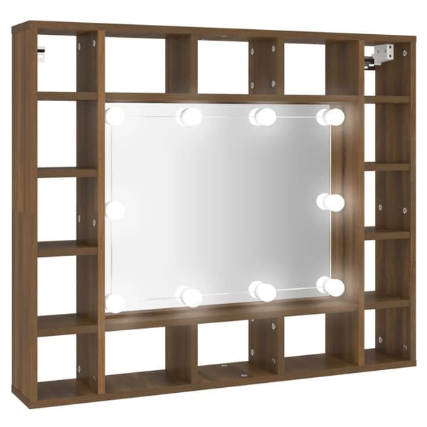 spejlskab med LED-lys 91x15x76,5 cm brun egetræsfarve