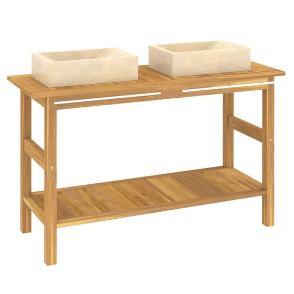 Handfatsbänk med gräddvita handfat massiv teak