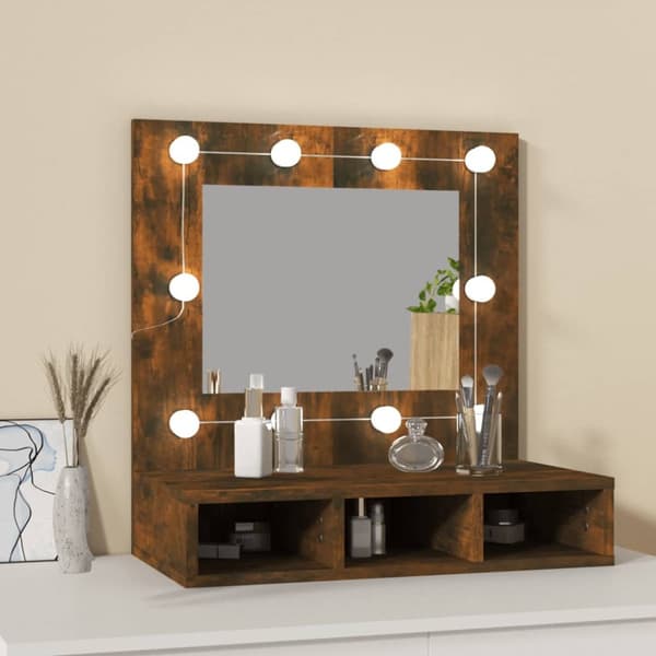 spejlskab med LED-lys 60x31,5x62 cm røget egetræsfarve